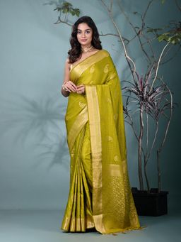 CHARUKRITI - Olive Woven Tassels Silk Blend Saree with Unstitched Blouse