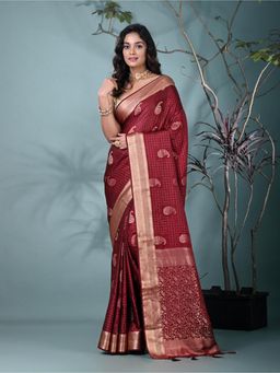 CHARUKRITI - Maroon Woven Tassels Silk Blend Saree with Unstitched Blouse