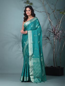 CHARUKRITI - Teal Woven Tassels Silk Blend Saree with Unstitched Blouse