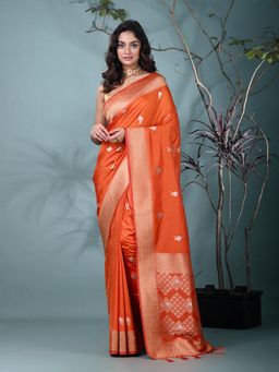 CHARUKRITI - Orange Woven Tassels Silk Blend Saree with Unstitched Blouse