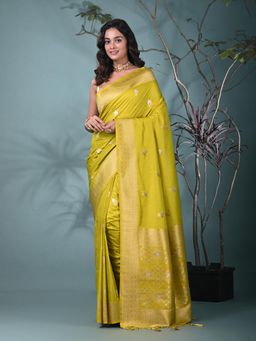 CHARUKRITI - Green Woven Tassels Silk Blend Saree with Unstitched Blouse