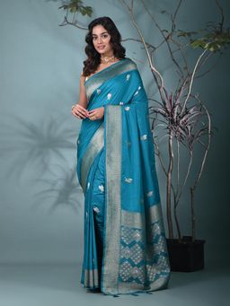 CHARUKRITI - Blue Woven Tassels Silk Blend Saree with Unstitched Blouse
