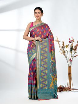 CHARUKRITI - Purple Printed Ikat Silk Blend Saree with Unstitched Blouse