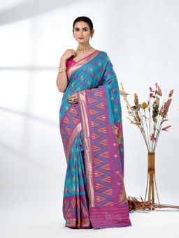 CHARUKRITI - Blue Printed Ikat Silk Blend Saree with Unstitched Blouse