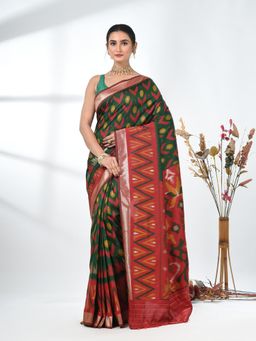 CHARUKRITI - Green Printed Ikat Silk Blend Saree with Unstitched Blouse