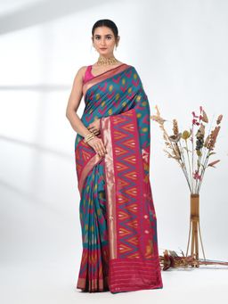 CHARUKRITI - Teal Printed Ikat Silk Blend Saree with Unstitched Blouse