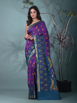 CHARUKRITI - Purple Printed Ikat Silk Blend Saree with Unstitched Blouse