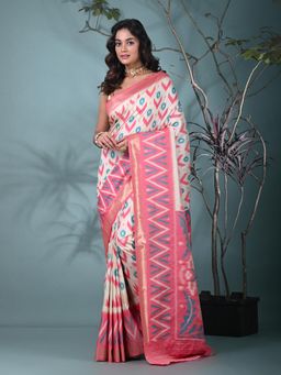 CHARUKRITI - Off White Printed Ikat Silk Blend Saree with Unstitched Blouse