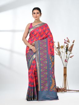 CHARUKRITI - Pink Printed Ikat Silk Blend Saree with Unstitched Blouse