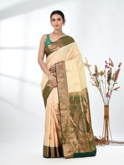 CHARUKRITI - Beige Woven Zari Silk Saree with Unstitched Blouse