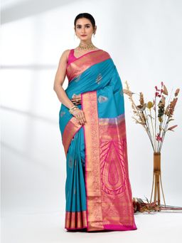 CHARUKRITI - Blue Woven Zari Silk Saree with Unstitched Blouse