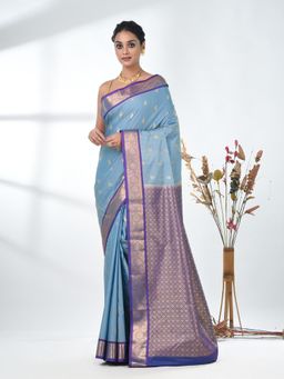 CHARUKRITI - Blue Woven Zari Silk Saree with Unstitched Blouse
