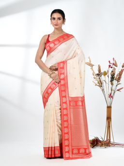 CHARUKRITI - Off White Woven Tussar Saree with Unstitched Blouse