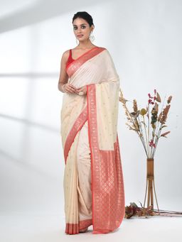 CHARUKRITI - Off White Woven Tussar Saree with Unstitched Blouse