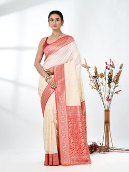 CHARUKRITI - Off White Woven Tussar Saree with Unstitched Blouse