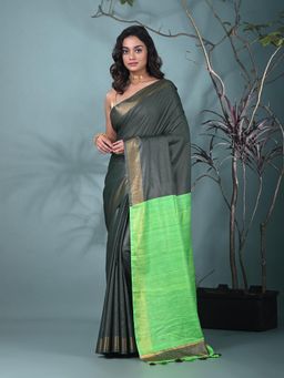 CHARUKRITI - Green Solid Woven Viscose Saree with Unstitched Blouse