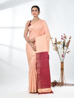 CHARUKRITI - Peach Solid Woven Viscose Saree with Unstitched Blouse