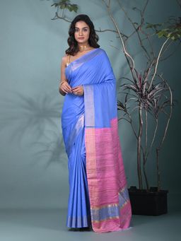 CHARUKRITI - Blue Solid Woven Viscose Saree with Unstitched Blouse