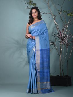 CHARUKRITI - Blue Solid Woven Viscose Saree with Unstitched Blouse