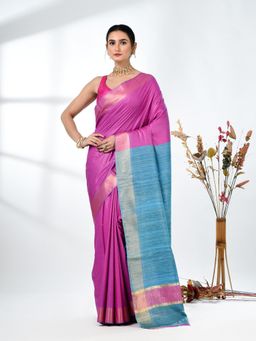CHARUKRITI - Pink Solid Woven Viscose Saree with Unstitched Blouse