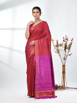 CHARUKRITI - Red Solid Woven Viscose Saree with Unstitched Blouse