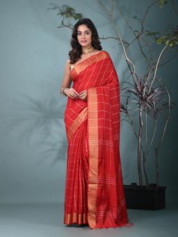 CHARUKRITI - Red Checks Woven Art Silk Saree with Unstitched Blouse