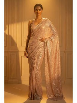 Swtantra - Cream Embellished Knitted Saree with Unstitched Blouse