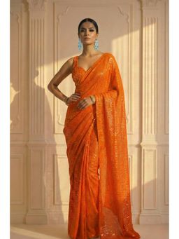Swtantra - Orange Embellished Knitted Saree with Unstitched Blouse