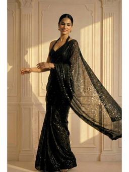 Swtantra - Black Embellished Knitted Saree with Unstitched Blouse