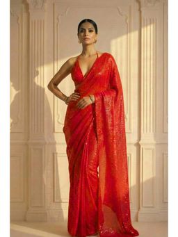 Swtantra - Red Embellished Knitted Saree with Unstitched Blouse