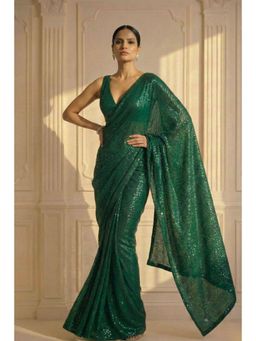 Swtantra - Green Embellished Knitted Saree with Unstitched Blouse