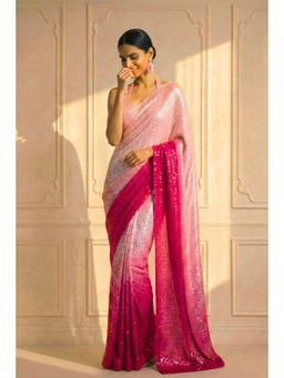 Swtantra - Pink Ombre Embellished Knitted Saree with Unstitched Blouse