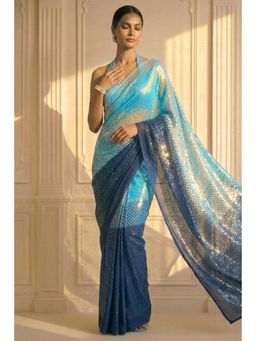 Swtantra - Blue Ombre Embellished Knitted Saree with Unstitched Blouse
