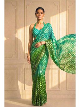 Swtantra - Blue Embellished Bandhani Knitted Saree with Unstitched Blouse