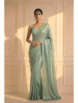 Swtantra - Green Embellished Knitted Saree with Unstitched Blouse