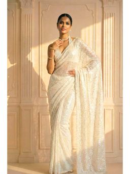 Swtantra - White Embellished Knitted Saree with Unstitched Blouse