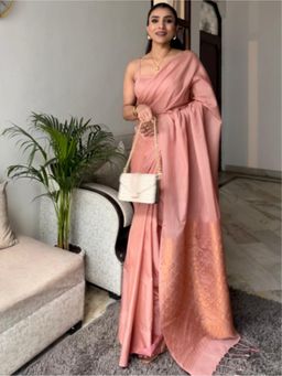 Swtantra - Pink Solid Woven Silk Saree with Unstitched Blouse