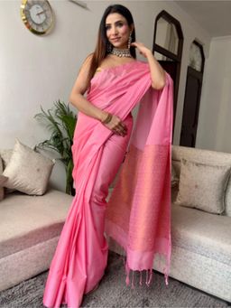 Swtantra - Pink Solid Woven Silk Saree with Unstitched Blouse