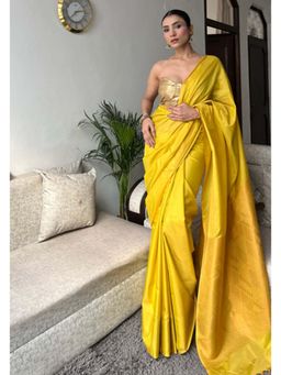 Swtantra - Yellow Solid Woven Silk Saree with Unstitched Blouse