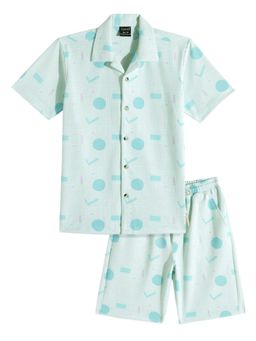 CAVIO - Boys Green Self Design Shirt with Shorts (Set of 2)