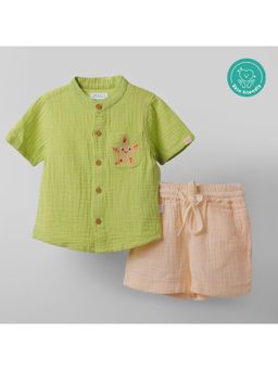 Kids of Greendeer - Boys Green Embroidered Shirt with Shorts (Pack of 2)