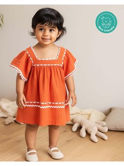 Kids of Greendeer - Girls Orange Printed Knee Length Dress