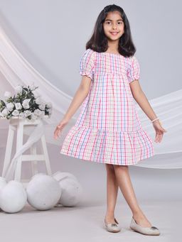 Misbis - Girls Pink Checks Knee Length Dress