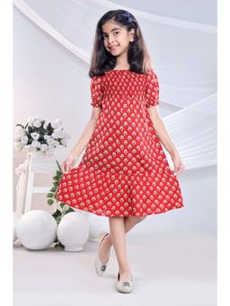 Misbis - Girls Red Floral Knee Length Dress