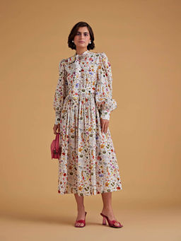 MEDHA BATRA - Standard Tie Collar Calf Length Dress Placket Till Waist, Puff Balloon Sleeves