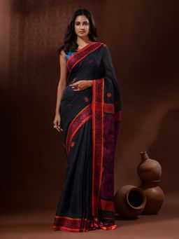 CHARUKRITI - Charcoal Linen Handwoven Saree with Nakshi Border with Unstitched Blouse