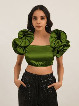 Attic Salt - Olive Solid-Plain Dramatic Sleeve Crop Top