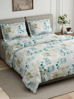 Haus & Kinder - Green Aqua Meadow Cotton Flat 144 TC Bedsheet with 2 Pillow Covers (King)
