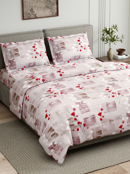 Haus & Kinder - Pink Flower Sketch Cotton Flat 144 TC Bedsheet with 2 Pillow Covers (King)