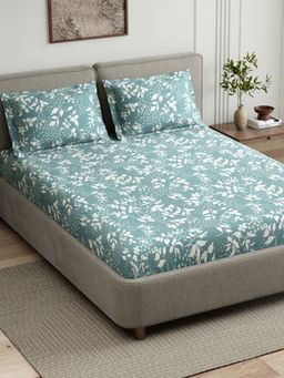 Haus & Kinder - Green Foliage Cotton Fitted 144 TC Bedsheet with 2 Pillow Covers (King)